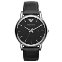 Emporio Armani Gents Stainless Steel Round Black Dial Black Leather Strap Watch AR1692